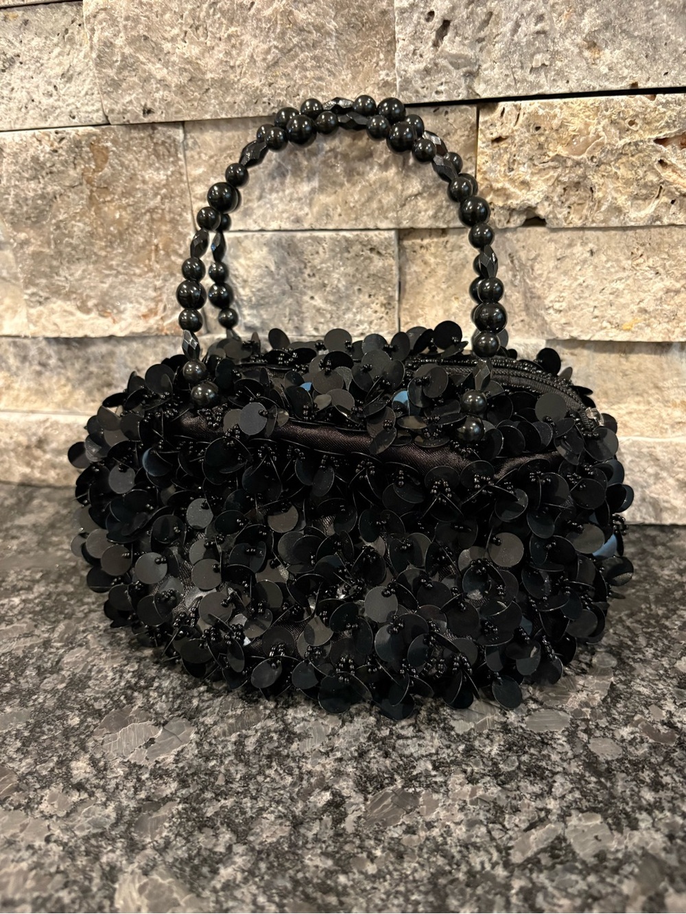 Sequin New Handbag with Beaded Handle Straps
